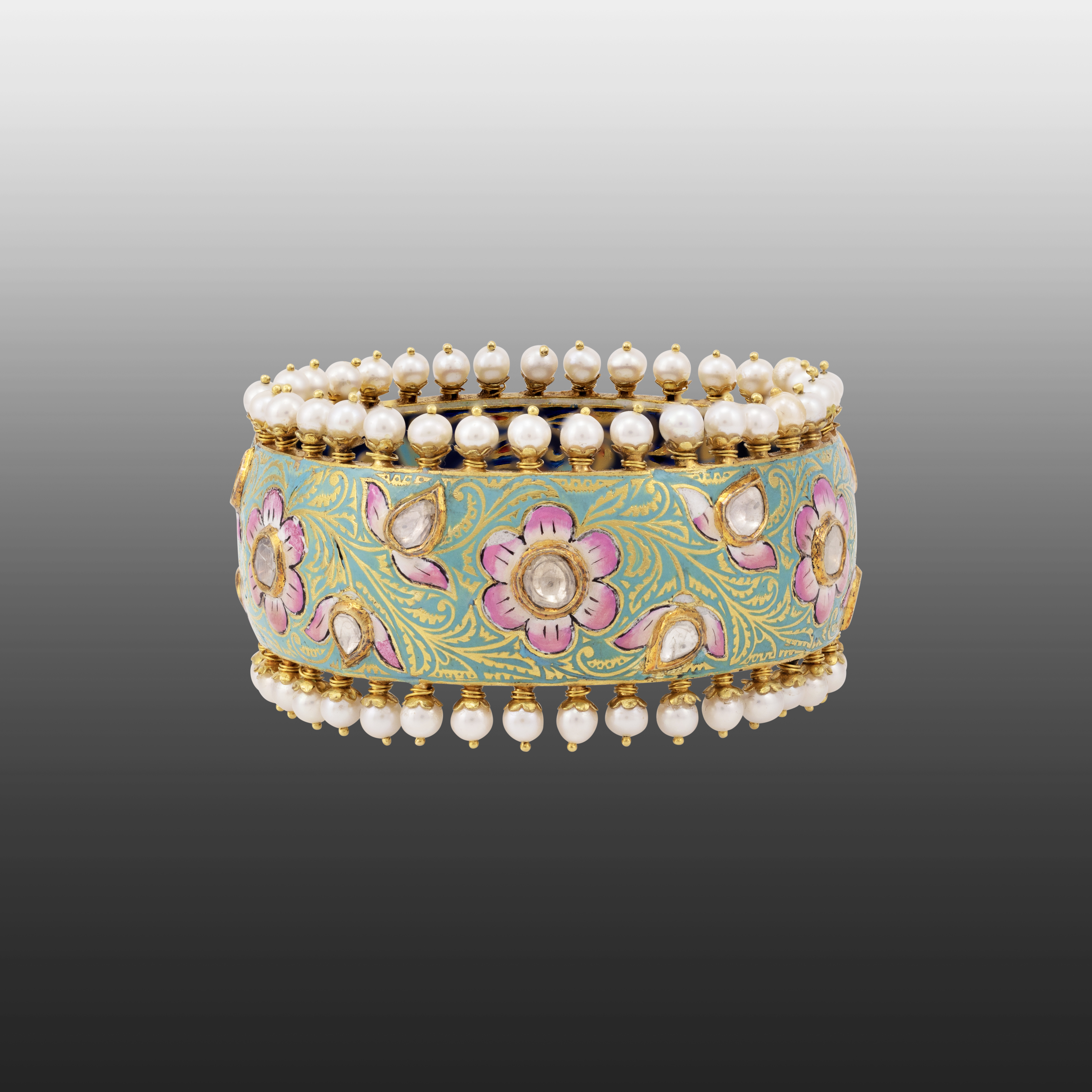 Floral Enamel Polki Bangle with Pearl Fungar Borders